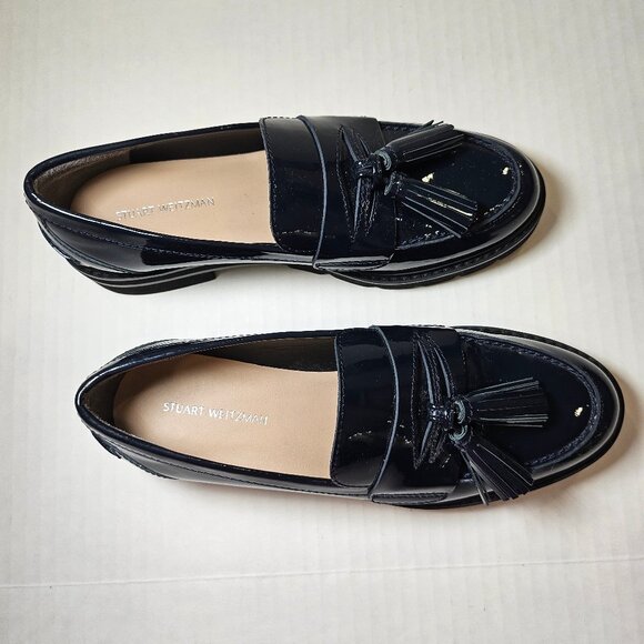 Stuart Weitzman, Adriana Navy Patent Leather Tassel Loafers New Condition - Picture 3 of 9
